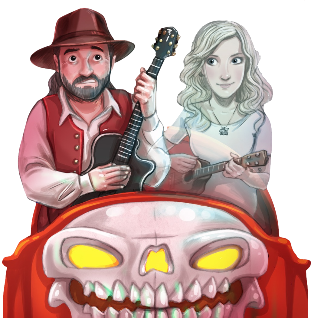 Das Bild zeigt eine dramatische und fantasievolle Szene im Comicstil mit zwei Musikern und einem bedrohlich wirkenden Totenschädel vorne auf dem Wagen einer Geisterbahn. - Linke Bildhälfte: Ein Mann mit einem breiten Hut, roter Weste und weißem Hemd steht und hält eine schwarze Akustikgitarre. Es ist Tommy Krappweis. - Rechte Bildhälfte: Eine Frau mit langen, welligen, blonden Haaren trägt ein weißes Outfit und spielt eine Ukulele. Sie wirkt geisterhaft – ihr Unterkörper löst sich in durchsichtigen Nebel auf. Es ist die Sängerin Bina Bianca. - Vordergrund: Dominant im unteren Bereich des Bildes befindet sich ein großer, unheimlicher Totenschädel. Die Augen und die Nasenhöhle glühen gelb von innen beleuchtet, die Zähne sind grünlich beleuchtet, und der Schädel grinst auf bedrohliche Weise. - Stimmung und Farben: Die Atmosphäre ist düster und mystisch. Die Farben sind kontrastreich – das helle Weiß der Musiker hebt sich stark vom dunklen Hintergrund und dem grellen Gelb-Grün des Schädels ab. Es entsteht ein Gefühl von Spannung zwischen Schönheit und Bedrohung.