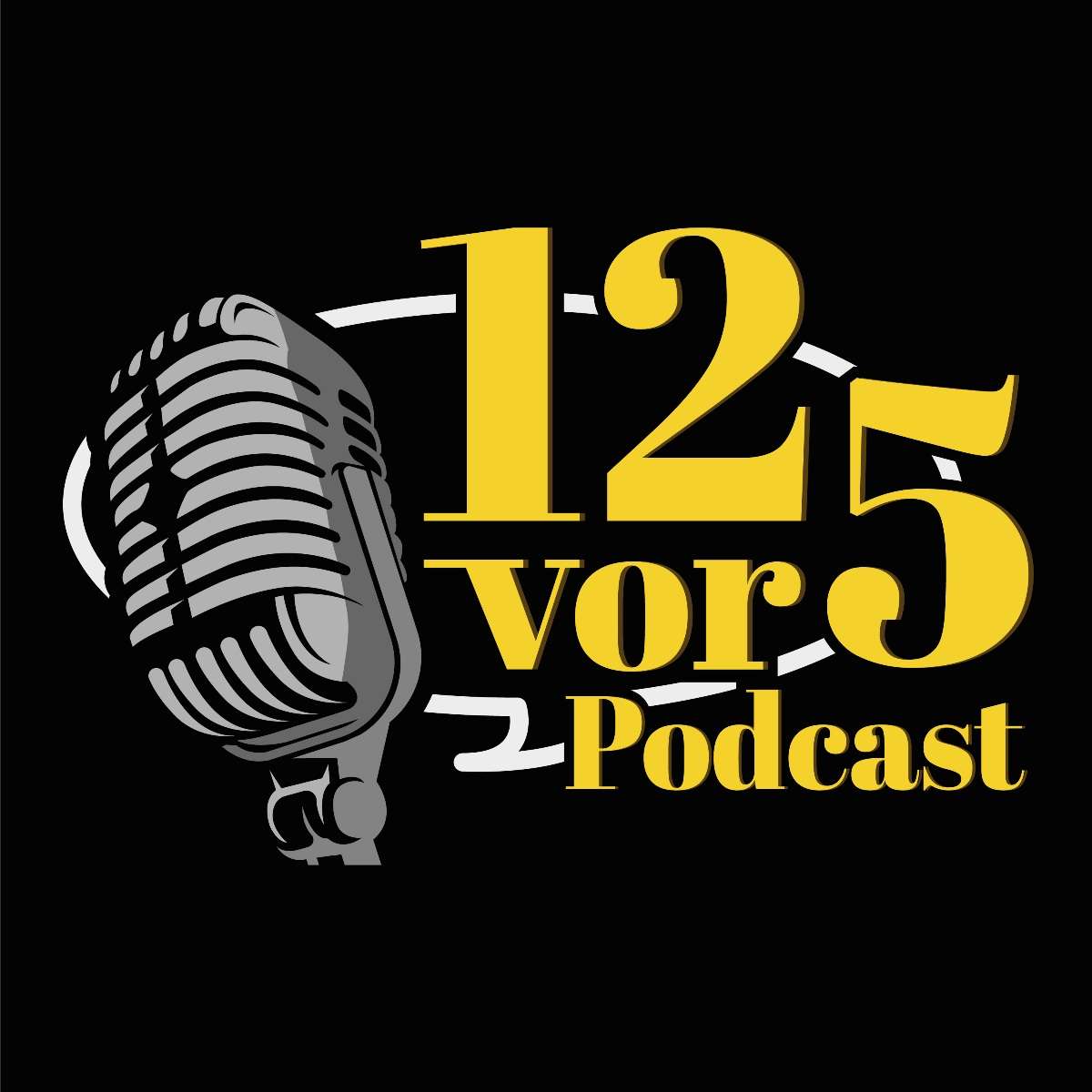 Logo des 12vor5 Podcasts in schwarz mit einem silbernen 50er-Jahre Mikrofon und gelber Schr ift: "12vor5 Podcast"